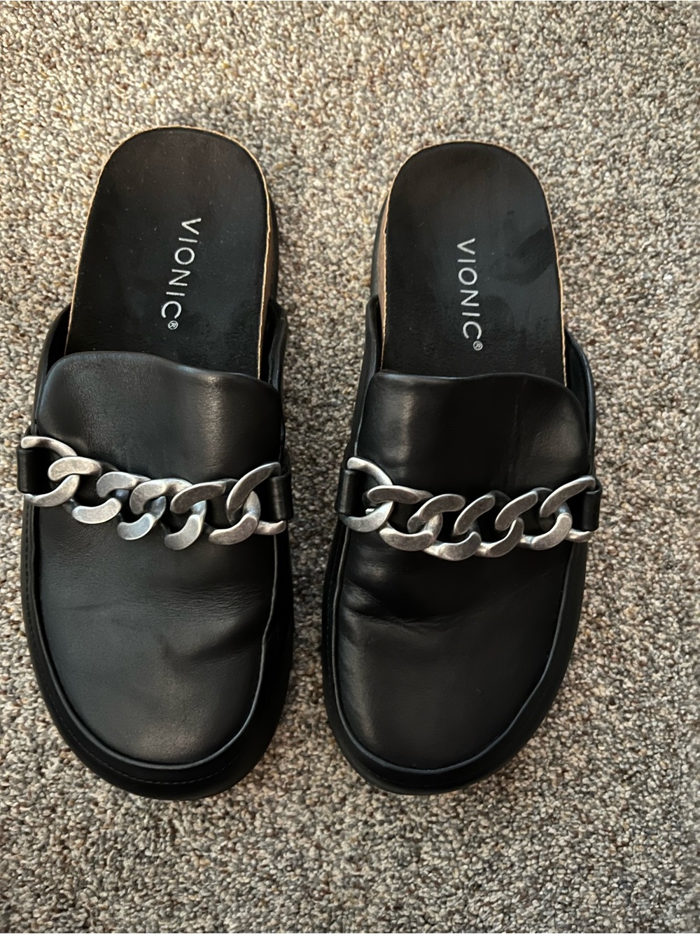 Vionic Black Leather Slide Mules with Silver Chain